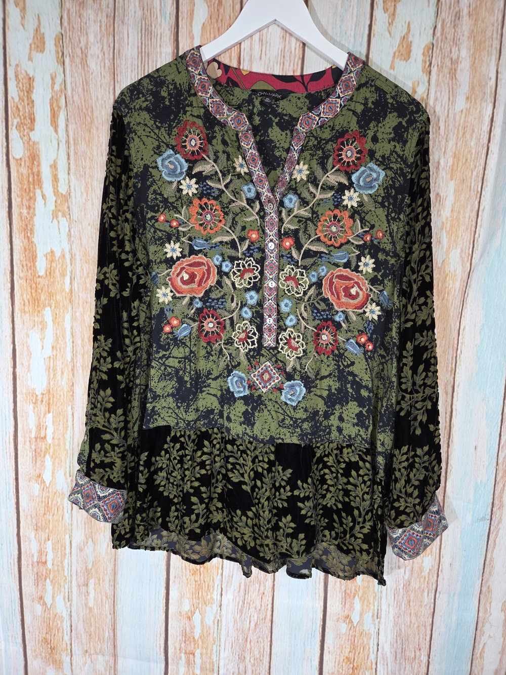 John Mark Olive Green & Black Embroidered Floral Tunic. Size XL Boho Peasant Top